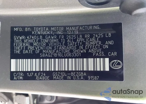 2020 Lexus Es 350 F Sport из США, поврежденный, VIN 58AGZ1B16LU063301